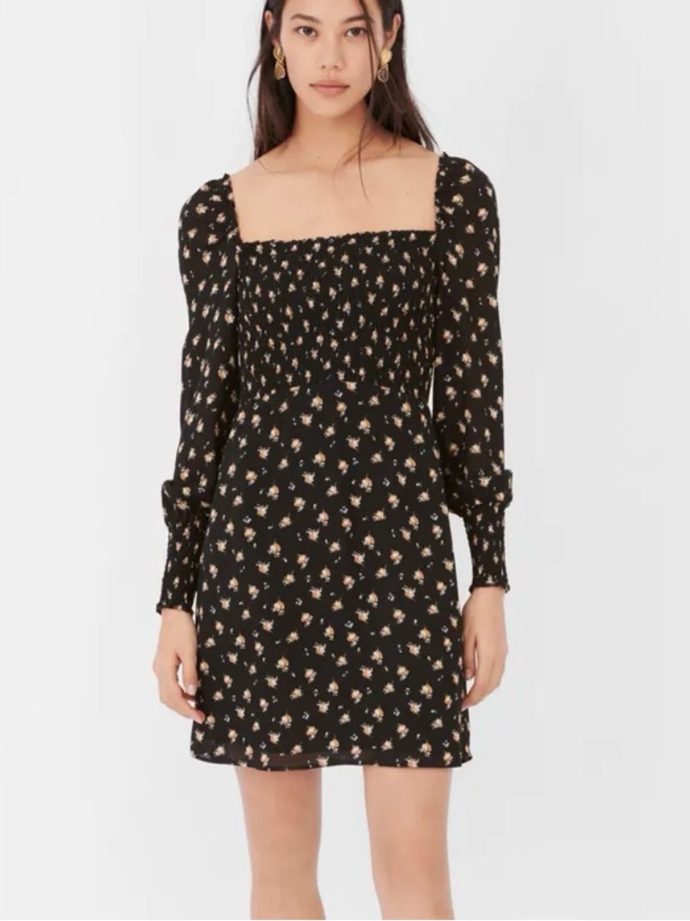 Maje Rithik Black Camel Floral Smocked Mini Dress Size 36 US 4 Small
